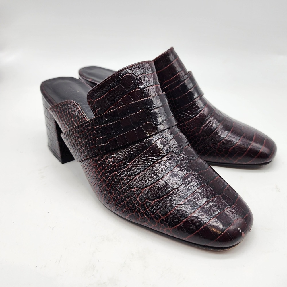 Freda Salvador Croc Embossed Heeled Mules Womens 7 Brown Leather Spain - Picture 2 of 11